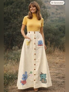 Vintage Cream Button-Front Flared Maxi Skirt with Colorful Appliqués